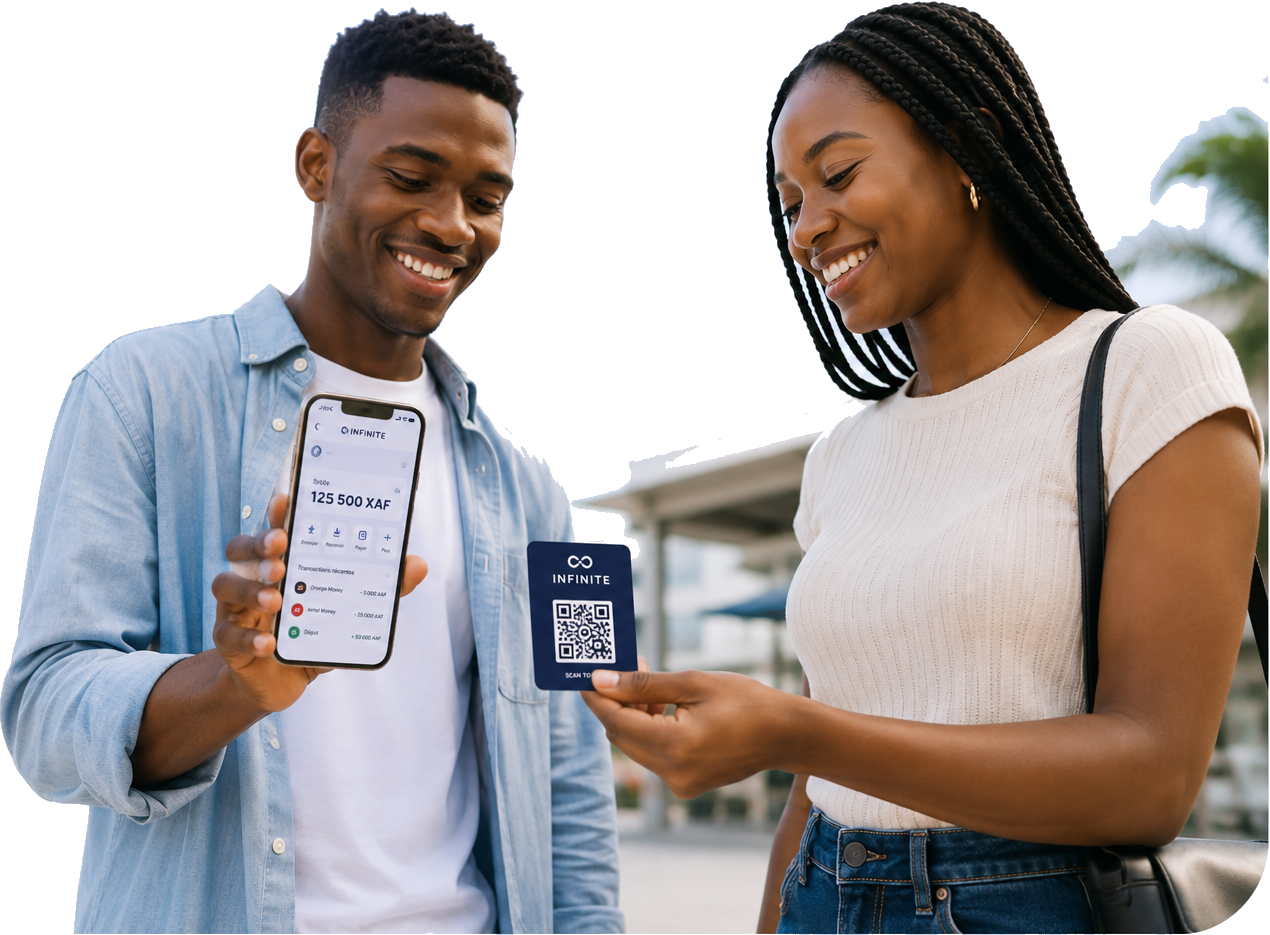 Couple utilisant l'application INFINITE et une carte QR en Afrique Centrale